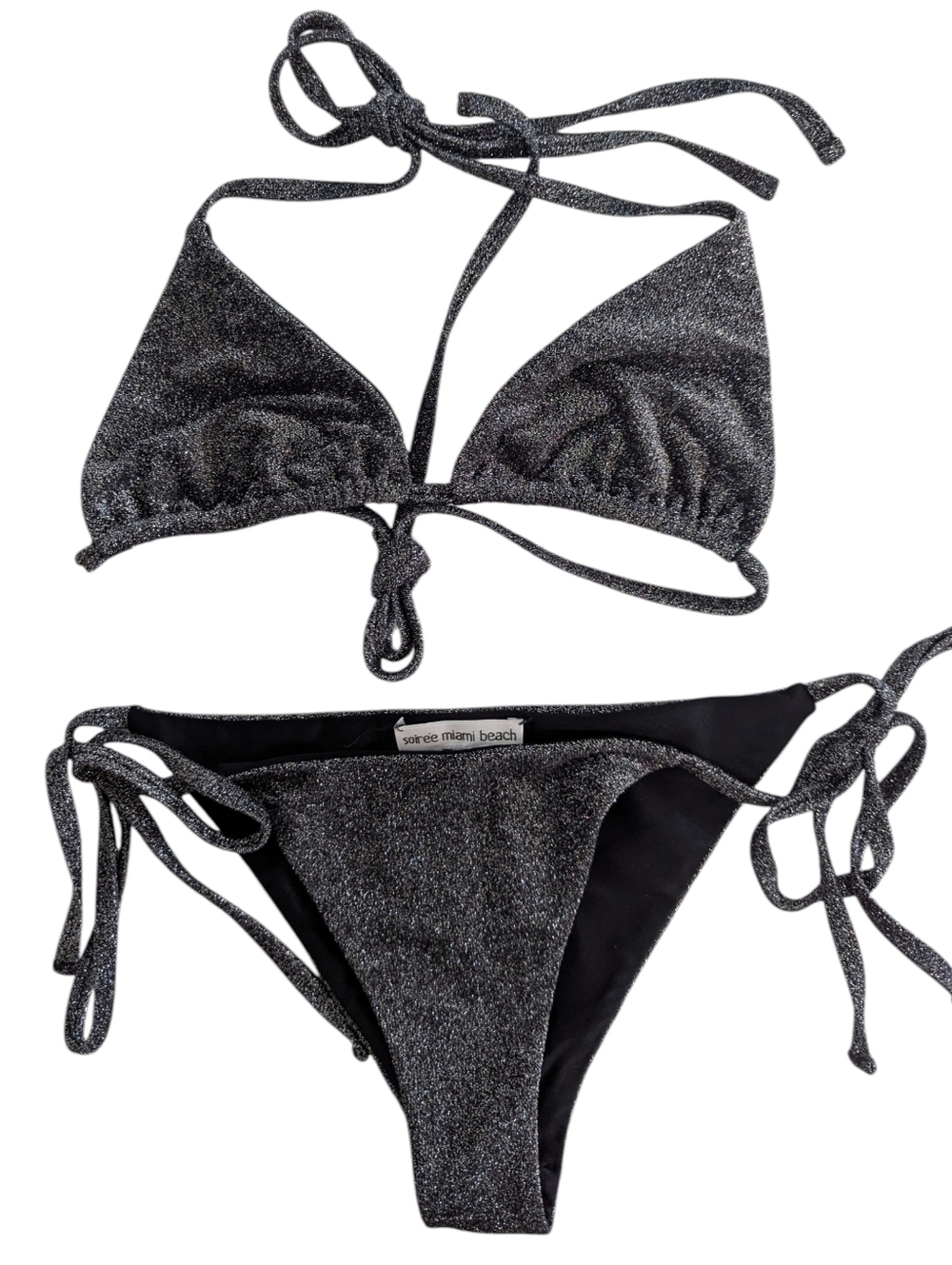 Soiree Miami Beach Becca Bikini Set Triangle Side Ties Metallic Black XS